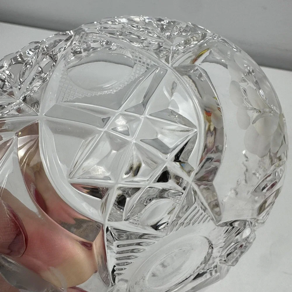 Vintage Clear‎ Cut Crystal Floral Serving Bowl Starburst Pattern Sawtooth Rim